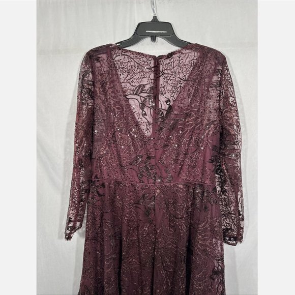 NWT $498 Mac Duggal [ 16 ] Lace Embellished Long‎ Sleeve Ruffle Dress Wine Red - Picture 8 of 15